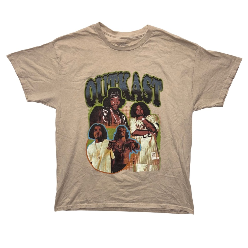 Outkast Graphic T-Shirt Mens Large Tan Big Boi Andre 3000 Hip Hop Rap Tee